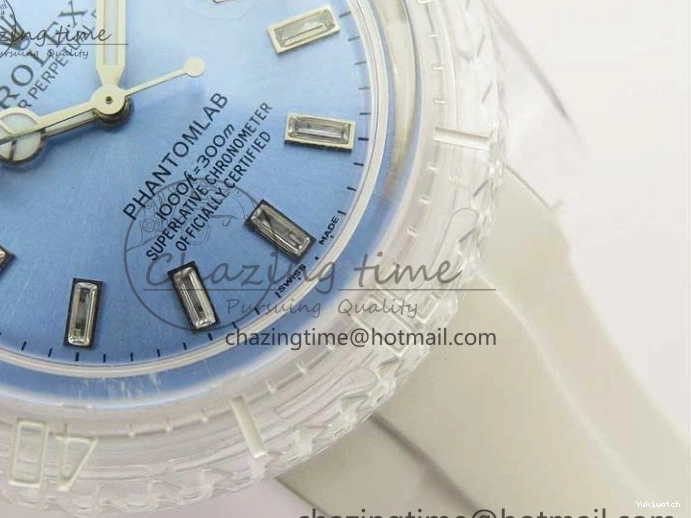 KZF Best Transparent on Phantomlab Rubber Edition VR3135 Dial Blue Light Strap White Submariner 0219